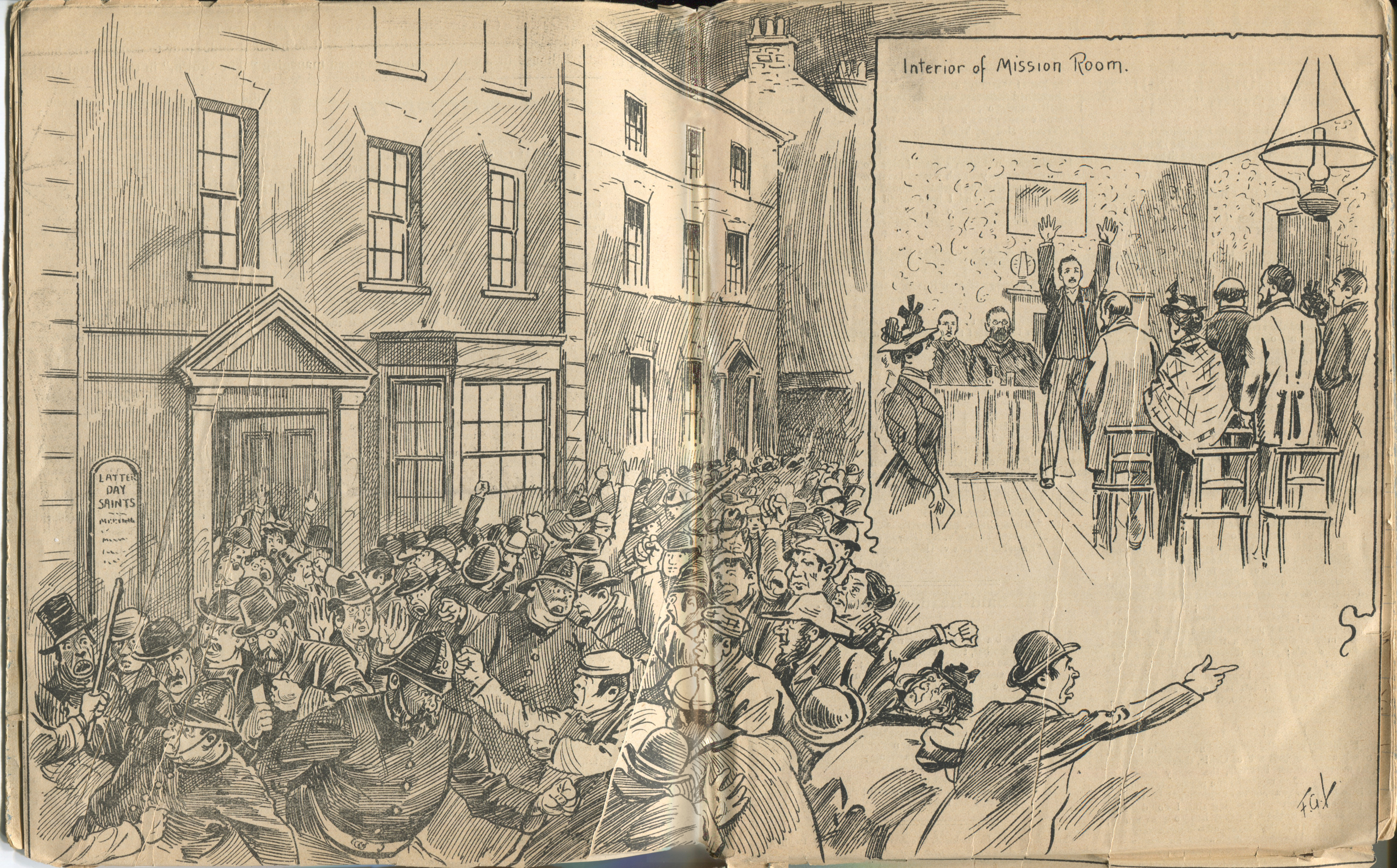 A magazine article titled “Mormon Baiting in Bristol” was published in the <em>Bristol Magpie</em> on 2 February 1899. This accompanying sketch depicts a mob surrounding the missionaries of the Bristol Conference, including Eliza Chipman and Inez Knight (in doorway), on 19 January 1899. See Chipman, Journal, 19 Jan. 1899. (MS 29199, Church History Library, Salt Lake City.)